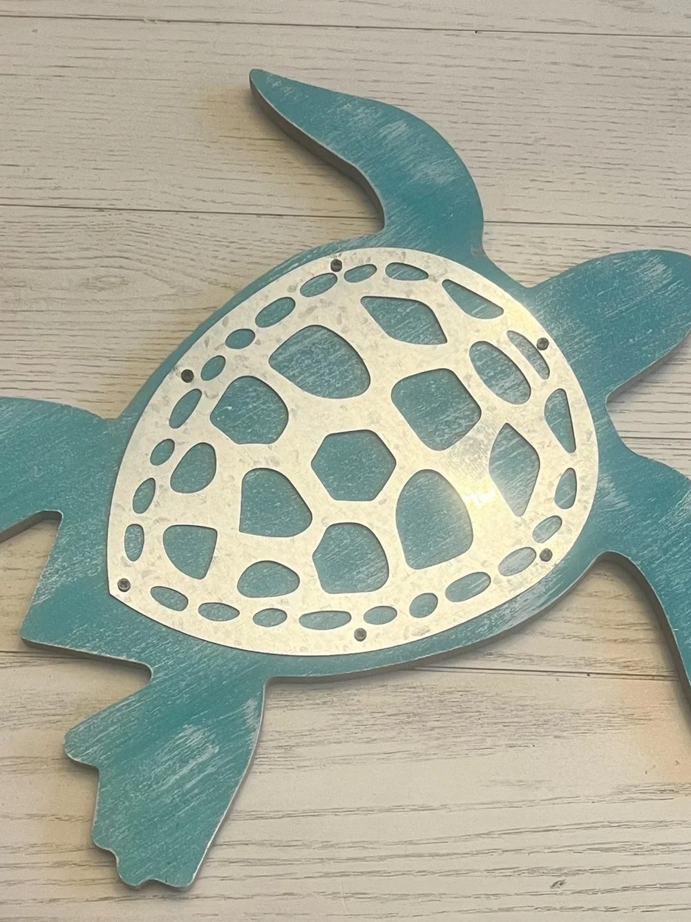 Teal Distressed Turtle Wooden Wall Decor with Silver Shell Accent - 14”x14”